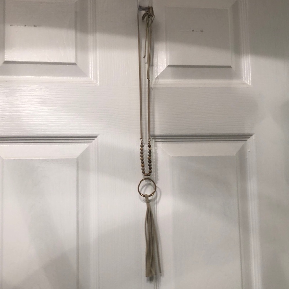 Long tan necklace with fringe